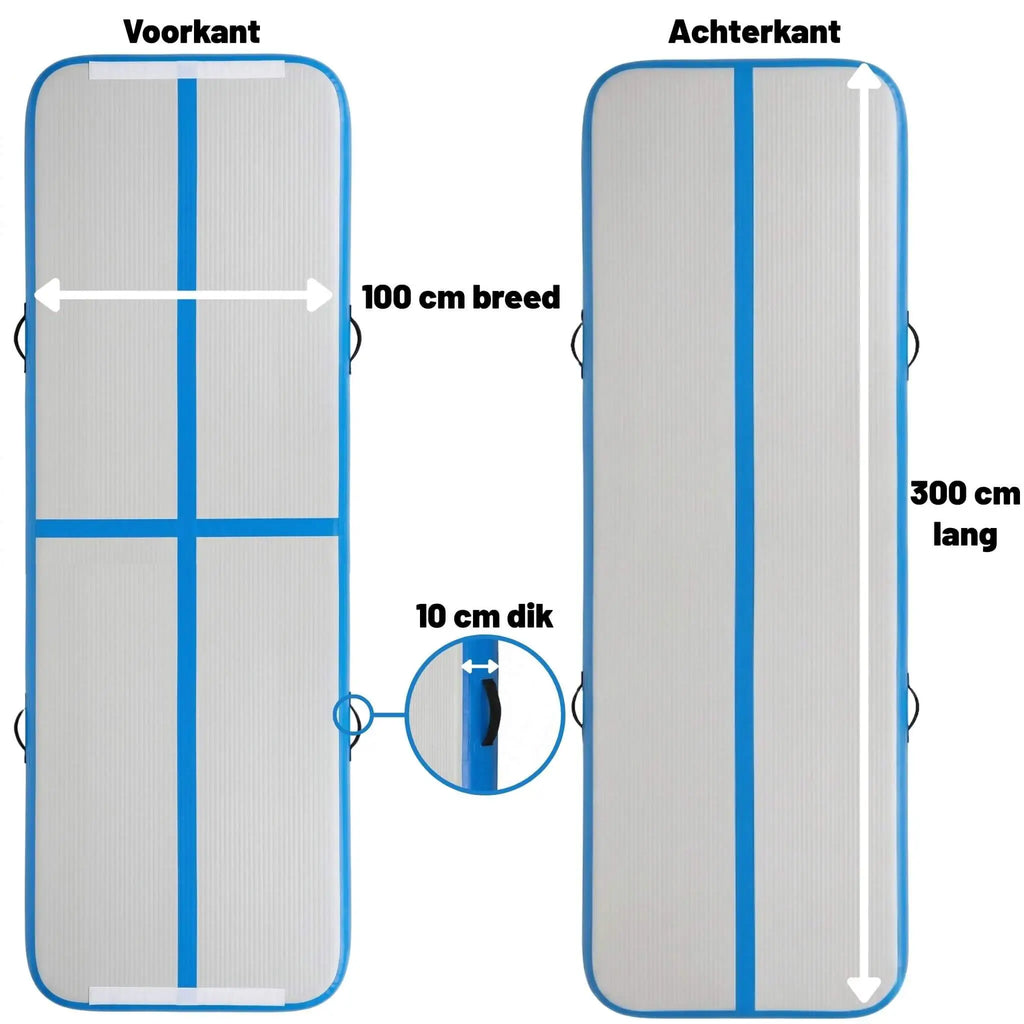Exon AirTrack 3 x 1 x 1 m afmetingen infographic met 1 m breedte, 3 m lengte en 10 cm dikte