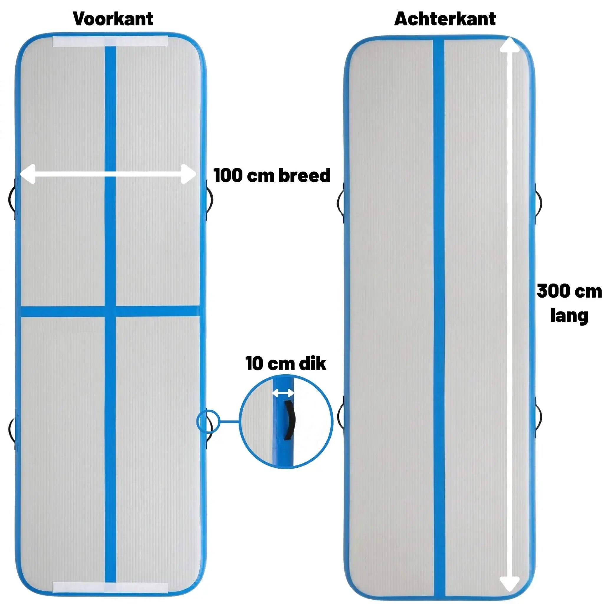 Exon AirTrack 3 x 1 x 1 m afmetingen infographic met 1 m breedte, 3 m lengte en 10 cm dikte