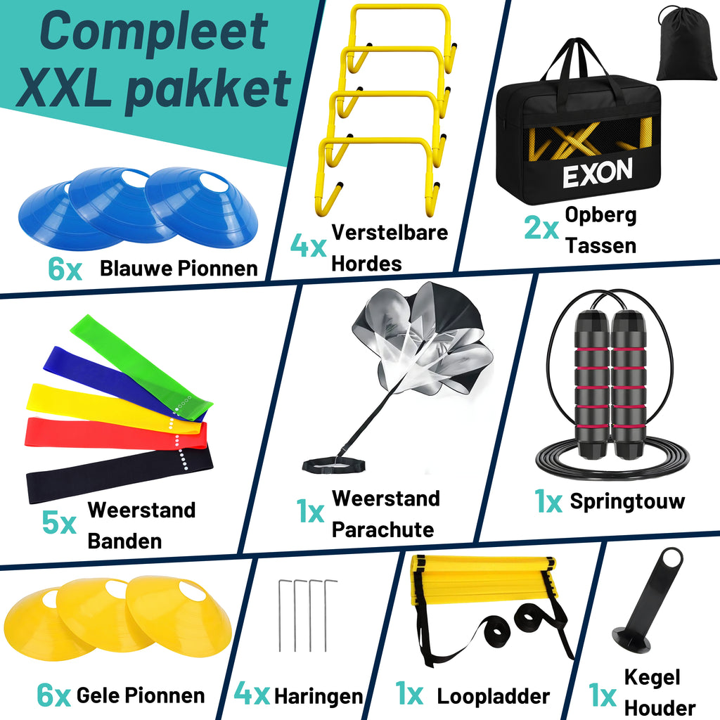Exon® Pro Voetbal Trainingsset - 26-delig - Agility Set met Loopladder, Hordes & Parachute