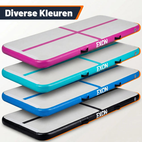 Exon airtrack opblaasbare turnmat in diverse kleuren zoals zwart, blauw, turquoise en roze