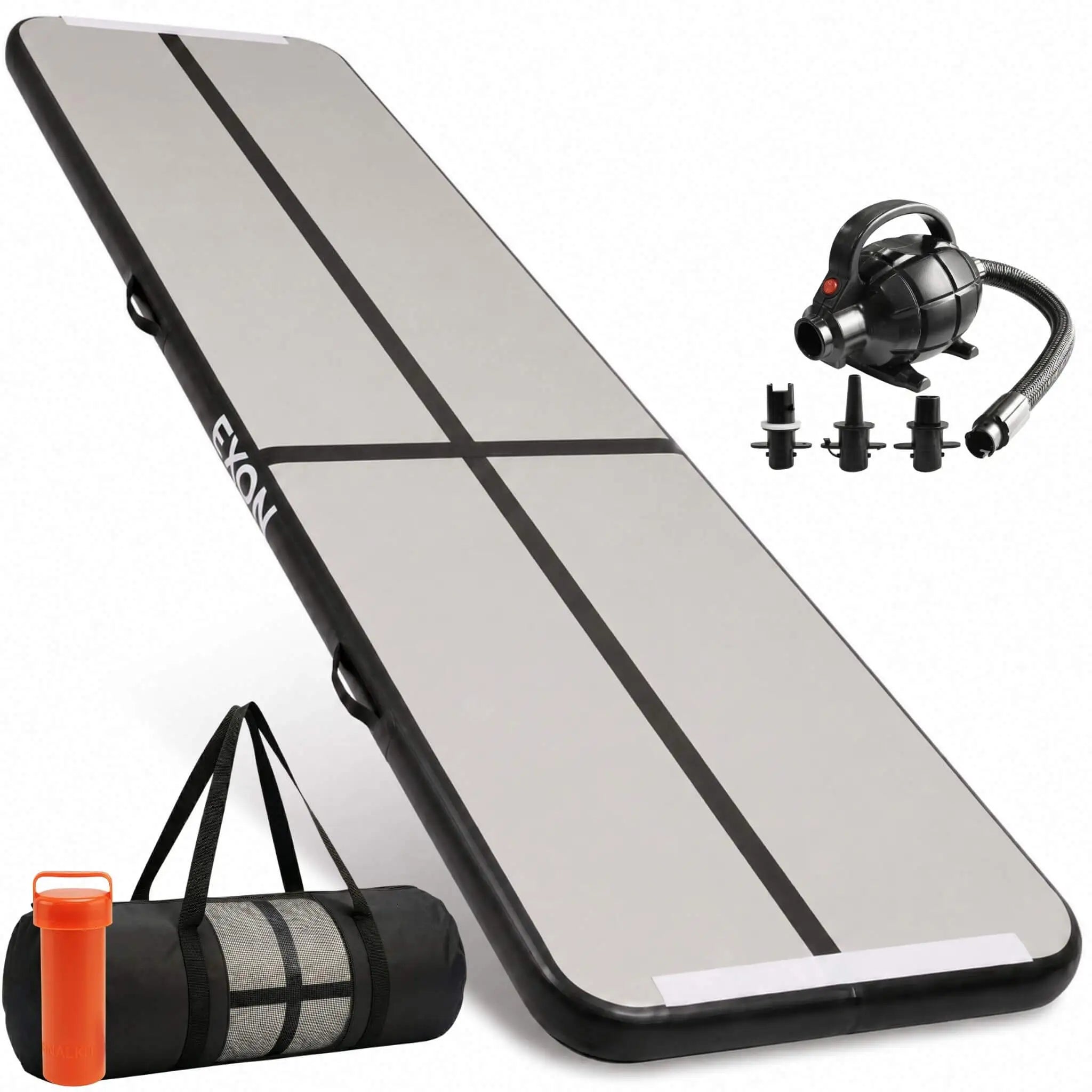 Zwarte Exon airtrack 4 meter opblaasbare turnmat met elektrische pomp en draagtas